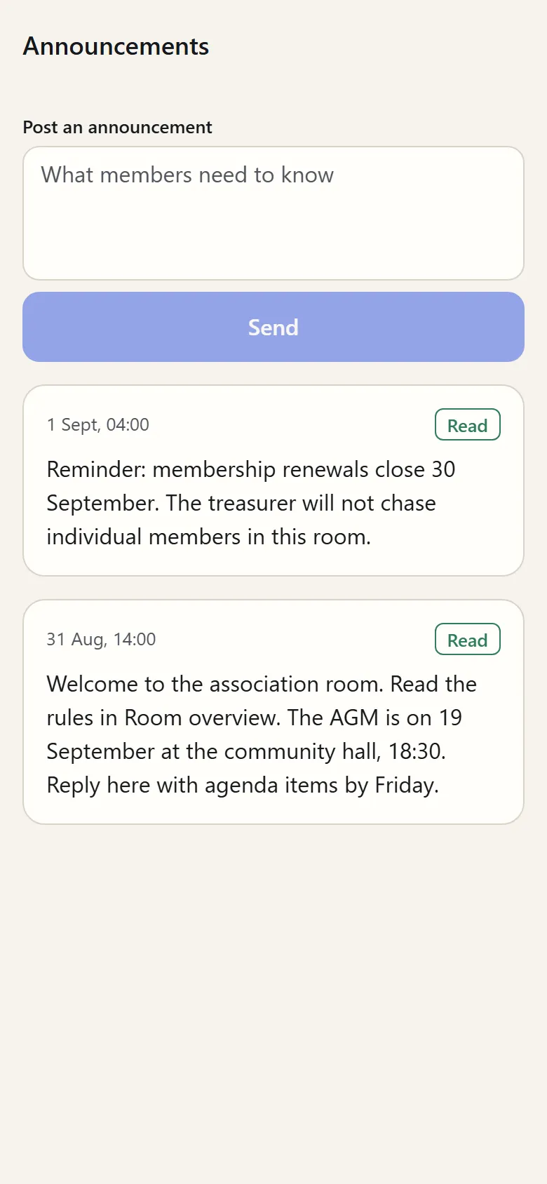 The announcements list: a box to post one, and two announcements marked Read.