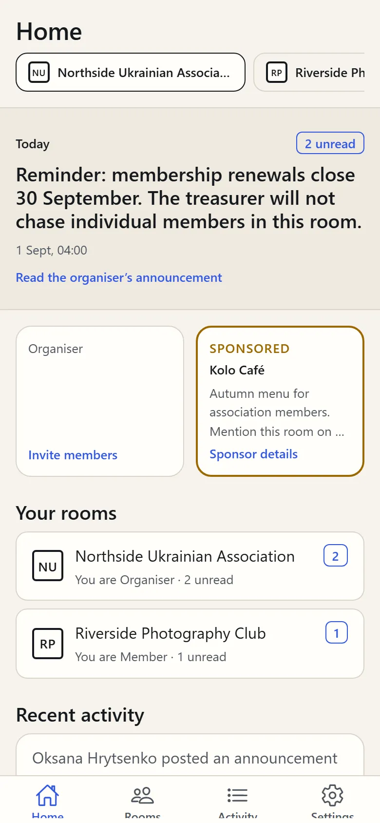 Home: today’s announcement from the organiser, then an Invite members card beside a sponsor tile.