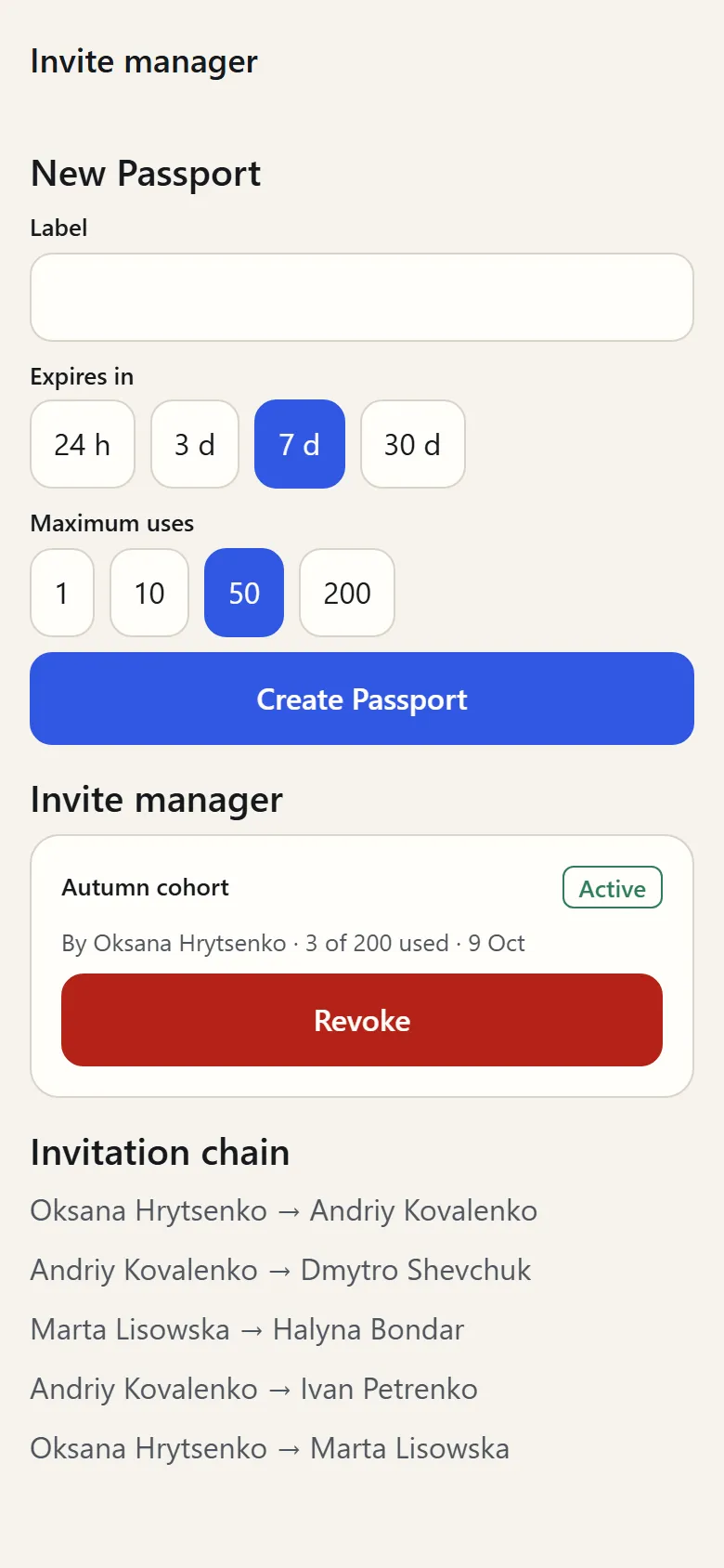 The invite manager: an active Passport with a Revoke button, above the invitation chain of who invited whom.