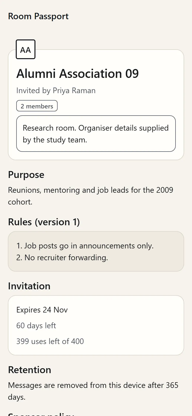 A Room Passport for Alumni Association 09: who invited you, the room’s purpose and its rules.